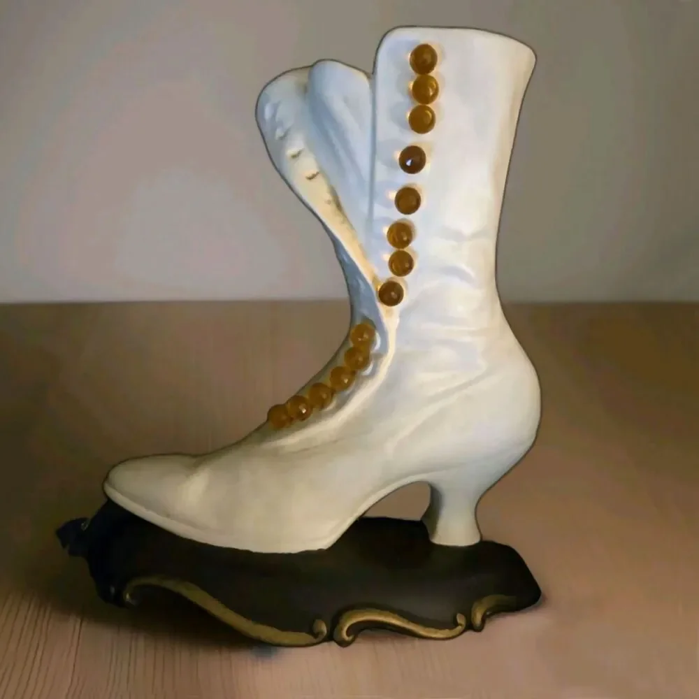 Atlantic Mold White Ceramic Victorian High Top Button Boot Vase Lace Up Shoe Vtg
